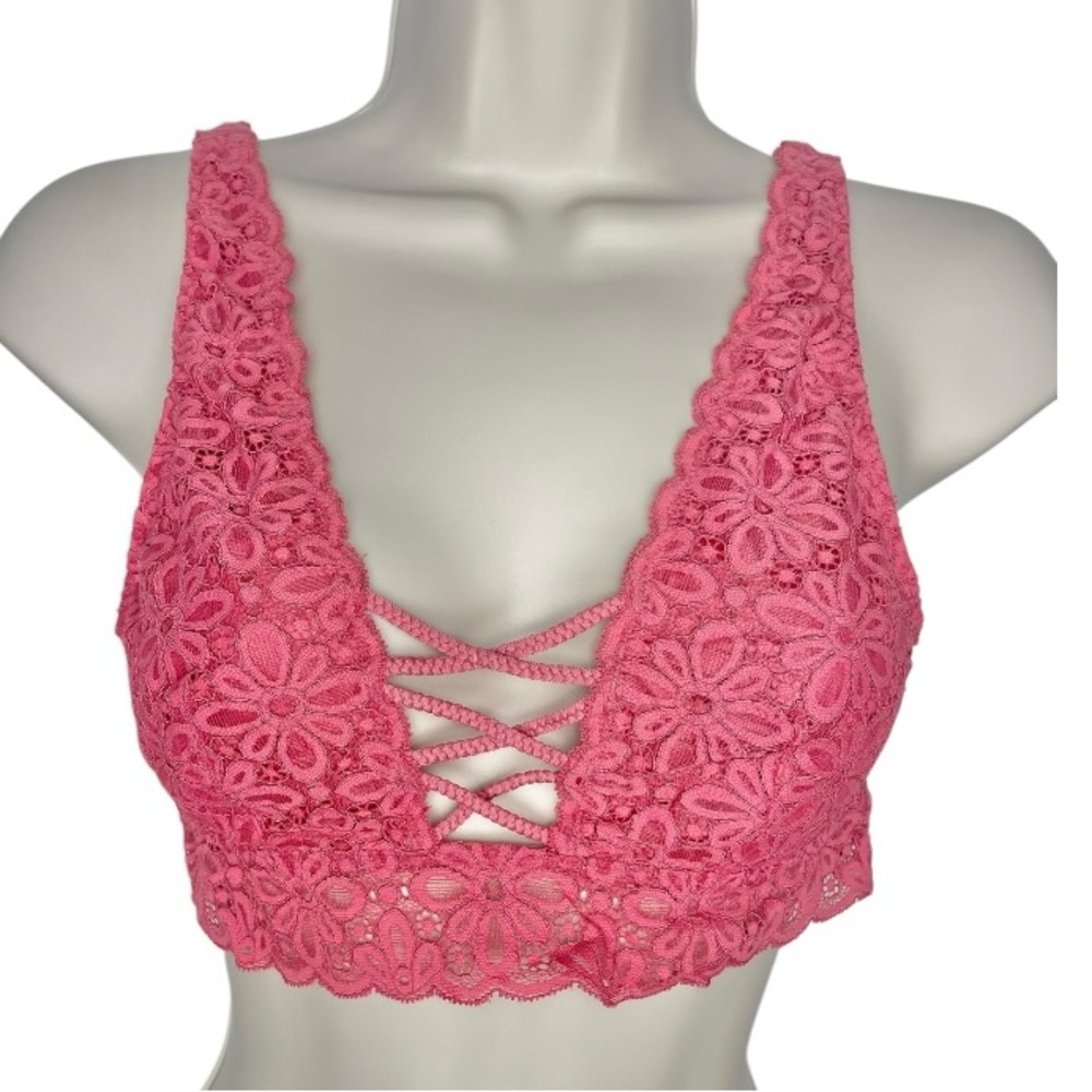 Victorias Secret Strappy Lace Up Front Floral Lace Bralette Bra Medium Coral